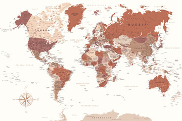 World Map - Highly Detailed Vector Map of the World. Ideally for the Print Posters. Brown Beige White Colors - obrazy, fototapety, plakaty