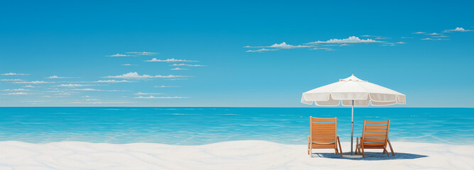 two chairs banner On the white beach and blue sea - obrazy, fototapety, plakaty