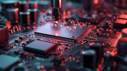 Close-up of silicon die being extracted from a semiconductor wafer, computer chip production. - obrazy, fototapety, plakaty