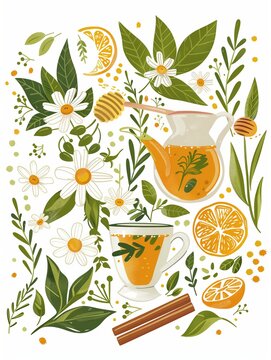 hot cup of tea with lemon and honey illustration