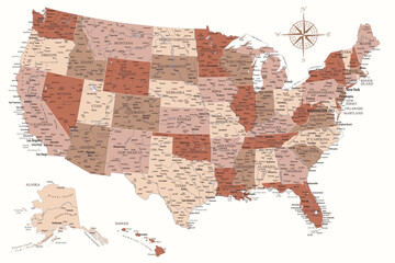 United States - Highly Detailed Vector Map of the USA. Ideally for the Print Posters. Brown Beige White Colors - obrazy, fototapety, plakaty