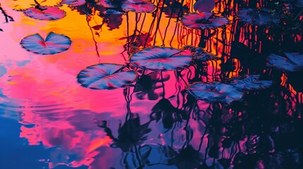 Artistic Water Lilies and Reflections in a Tranquil Garden Pond