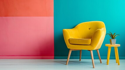 Bright and Bold Interior with Yellow Armchair and Blue Wall