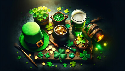 Festive St. Patrick’s Day Celebration with Traditional Irish Symbols - obrazy, fototapety, plakaty