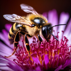A macro shot of a bee pollinating a flower