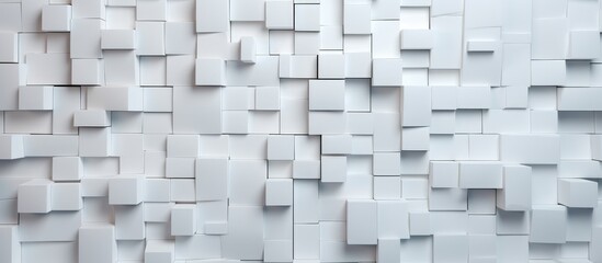 A white wall with a textured design consisting of multiple squares arranged in a grid pattern. The squares vary in size and create an interesting visual effect on the wall surface.