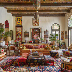 Fototapeta na wymiar A lavish, eclectic living space with rich textiles, vibrant patterns, and an array of global artifacts that tell stories of adventure and culture.