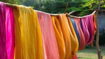 Vibrant Saris Drying Outdoors in Indian Countryside Setting