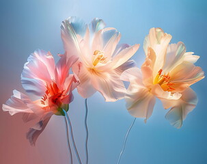 Close up of three peach flowers on a blue sky background