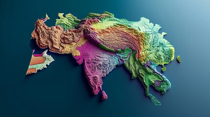 Vivid 3D Topographic Map Illustration of India in Rainbow Colors