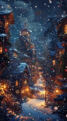 Winter wonderland scene, festive decorations, holiday motifs in a vibrant digital art style