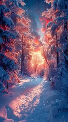 Experience a vibrant digital art style showcasing a winter wonderland scene with festive decorations and holiday motifs