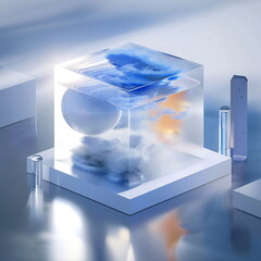 3D tech glass morphism abstraction - а transparent glass cube containing a sphere sits on a table