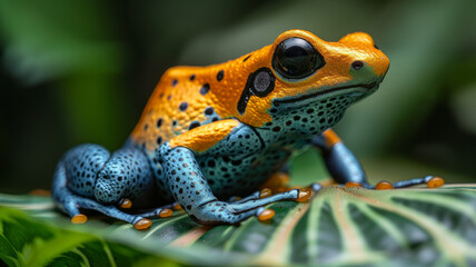 Bright Dendrobates auratus frog in the rainforest.