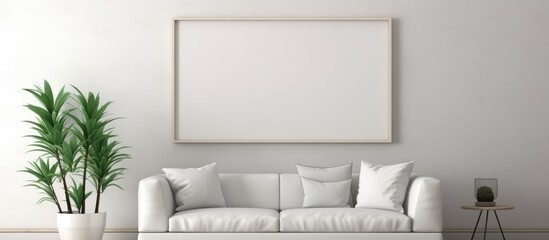 A modern living room featuring a white couch and a lush green plant, with a mock-up poster frame in the background. The minimalist decor creates a clean and inviting space.