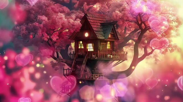 Comfortable treehouse surrounded by Sakura trees seamless looping time-lapse animation video background by AI.