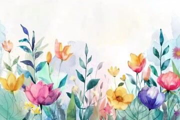 Fototapeta na wymiar Floral watercolor background with colorful spring flowers
