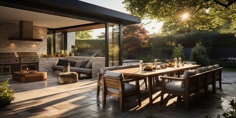 Outdoor Patio With Dining Table Chairs and Grill Generative AI