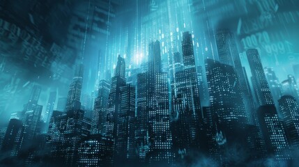 Fototapeta na wymiar Futuristic city skyline with digital binary code abstract illustration background