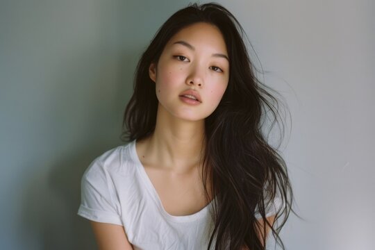 Serene portrait of a young Asian woman in a white t-shirt with natural makeup.