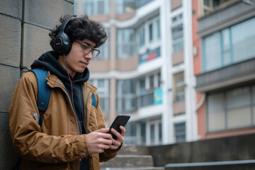 Teenager with headphones using a smartphone in an urban setting
