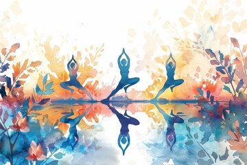 Health and wellness watercolor illustration with yoga poses