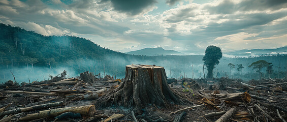 felled stumps and scattered debris under a cloudy sky signal an environmental disaster. - obrazy, fototapety, plakaty