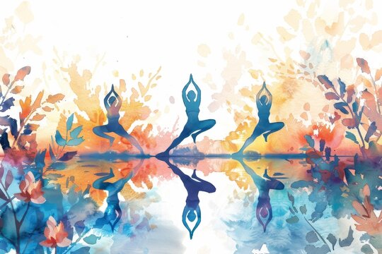 Health and wellness watercolor illustration with yoga poses