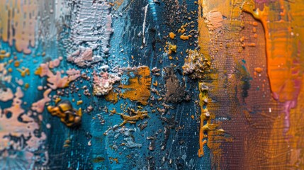 High-detail macro of an abstract painting emphasizing the contrast of colors and the depth of textures, showing the complexity of the oil medium.