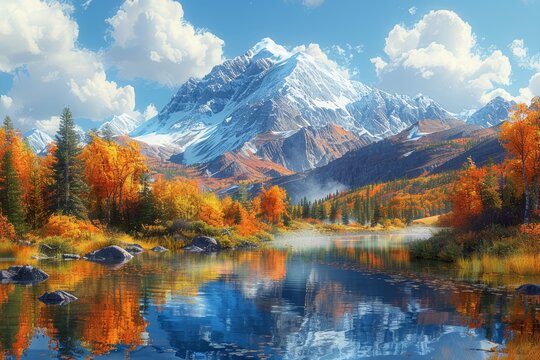 Creating vibrant summer and autumn scenes in digital art with mountain landscapes