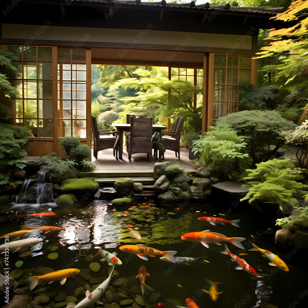 Poster A tranquil garden with a koi pond. 