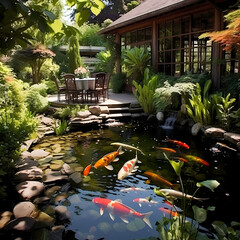 A tranquil garden with a koi pond. 