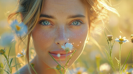A pretty blonde woman with makeup in a meadow.