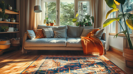 A bohemian Colonial Living Room with a couch, sofa and a shelf and with potted plants, decorated with a colorful rug. red, orange and wooden parquet, wooden floor