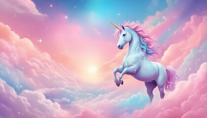 Obraz na płótnie Canvas A pastel rainbow unicorn background including sparkling stars. A hazy, pink fantasy sky. Charming holographic area. Fairy iridescent gradient backdrop Backgrounds