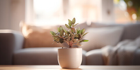plant in a vase on the table,Plant in a pot on blurred living room interior background,freshly repotted bonsai tree with soil and pot in view
