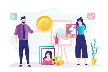 Female artist with picture standing near easel. Woman seller holding picture and sells painting. Buyer collector give money.  Art gallery, business concept.