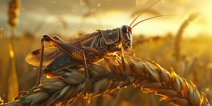 a huge locust sits on a spike of wheat