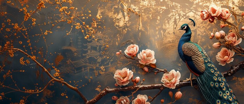 Artistic background with abstract illustrations and floral elements. Vintage illustration, flowers, branches, peacocks, gold. 3D, textured background, painting. Wallpaper, posters, cards, murals,