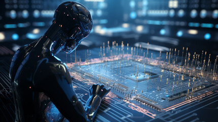 Futuristic AI robot interfacing with a circuit board in a high-tech environment. - obrazy, fototapety, plakaty
