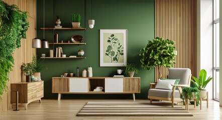 Modern Luxe Living: Green and Wooden Interior with Stylish Shelves and Poster