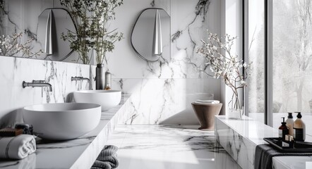 Marble Countertop Vanity Display in Luxurious White Bathroom Interior