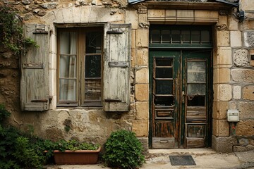 Fototapeta na wymiar Vintage Facade: Weathered Door and Window of Old Stone House