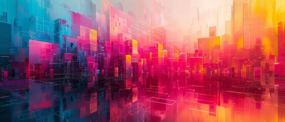 Cityscape digital wallpaper brings vibrant colors, modern geometry, and neon effects to life