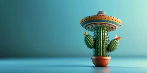 Foto op Canvas Cinco de Mayo Cactus wearing a Mexican sombrero hat © Oleksandr