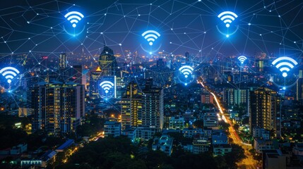 City scape concept with wireless network and connection technology. Wireless network technology with city background at night.