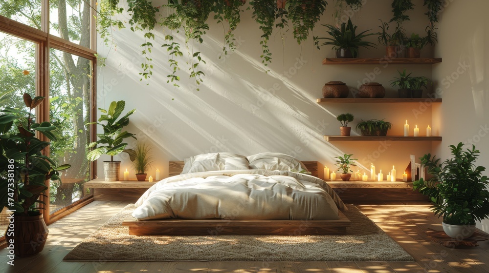 Sticker White walled bedroom with bed, shelf unit, candles, and houseplants