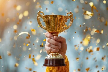 Hand hold golden trophy of triumph and celebration with glittering confetti of festivity and joy, corporate awards and educational achievements, sports victories and personal milestones, celebrating