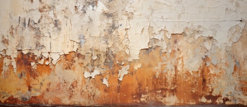 A red fire hydrant stands in front of a dirty wall with peeling paint and rust marks. The contrast between the bright hydrant and the worn wall creates a stark visual impact.