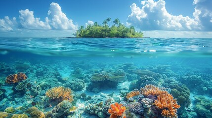 The islands and coral reefs of a tropical region are viewed from a split perspective with a...